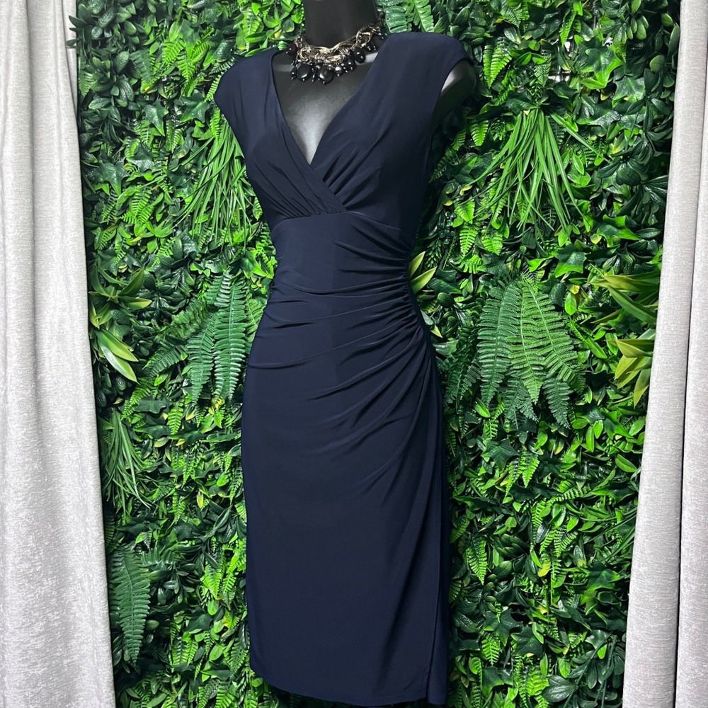 Ralph Lauren Dress 6 Blue Ruched V-Neck Faux Wrap Sheath 4206